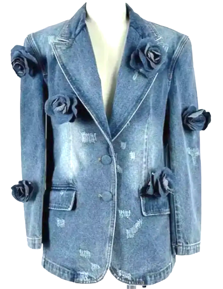 Madonna & Co Blue denim jean distressed blazer w/removable rosettes