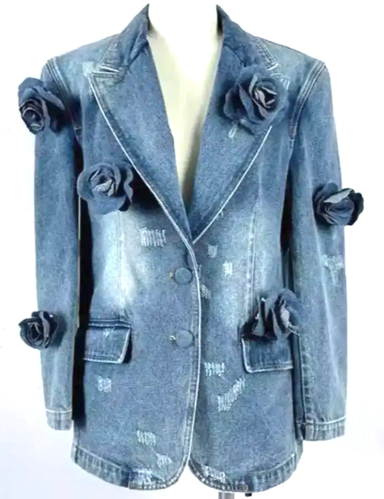 Distressed Denim Blazer with Rosettes
