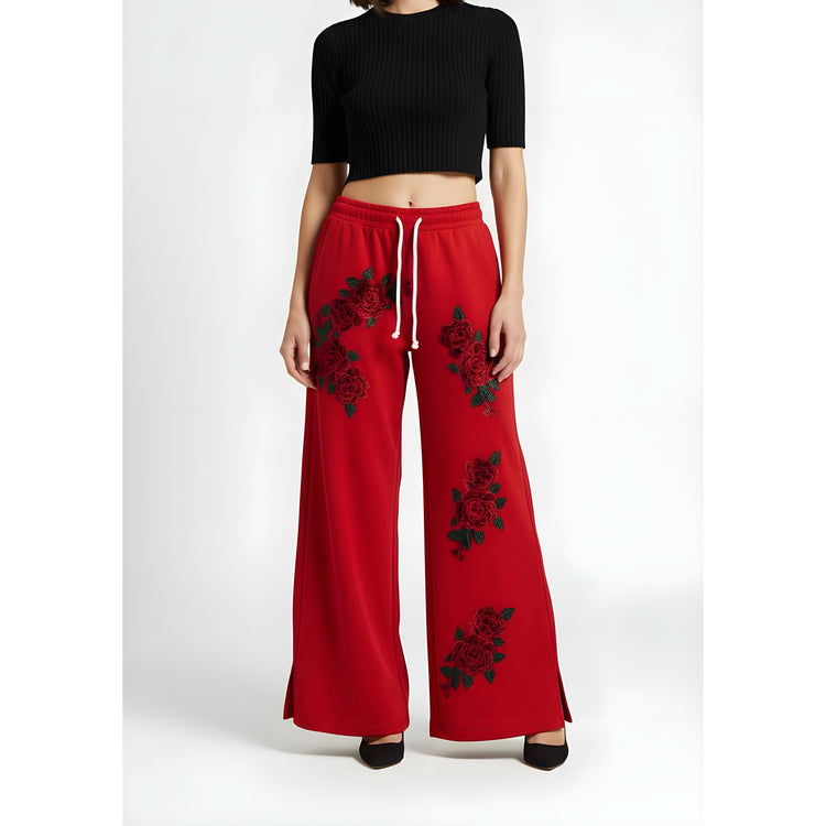 Out From Under red wide leg sweatpants with sequin flowers