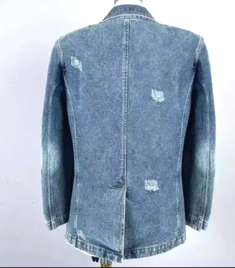 Distressed Denim Blazer with Rosettes