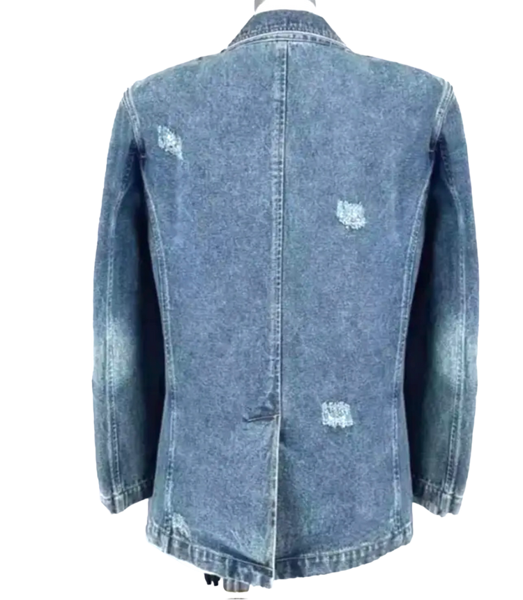 Madonna & Co Blue denim jean distressed blazer w/removable rosettes