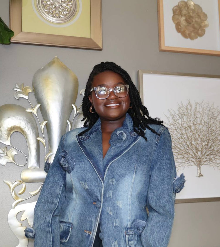 Madonna & Co Blue denim jean distressed blazer w/removable rosettes