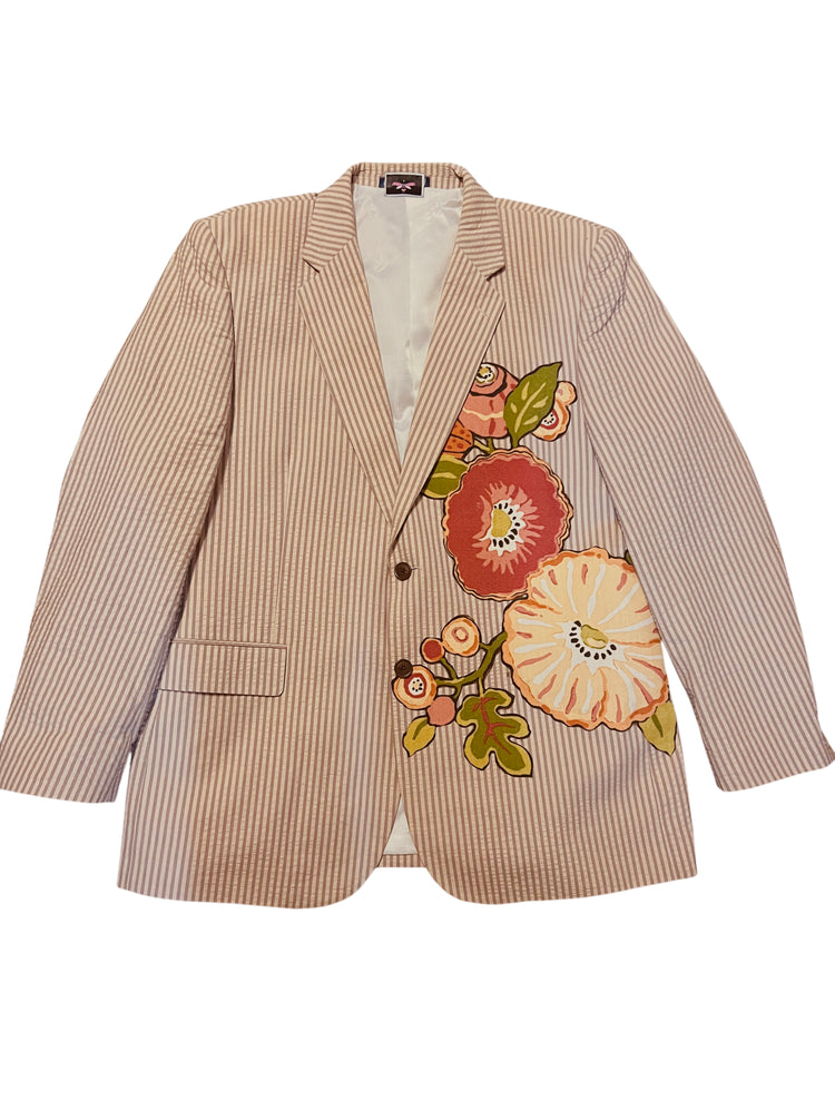 Tan Seersucker Stripe Floral Cascade Blazer