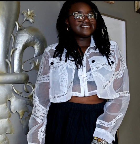 Madonna & Co white sheer graffiti long sleeve crop blouse