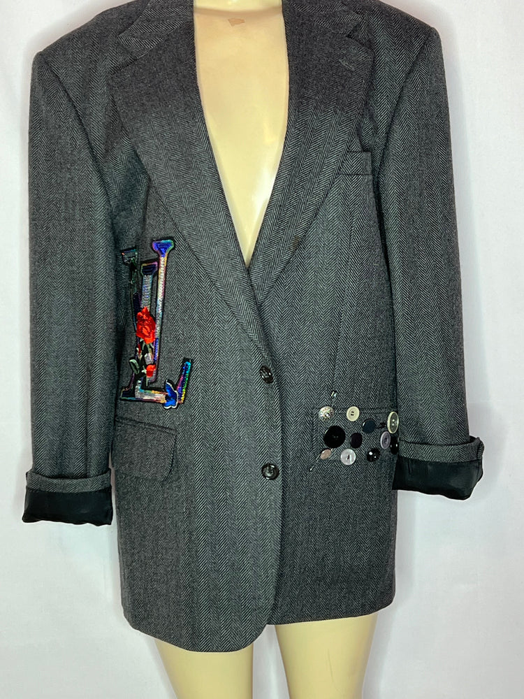 Gray "Button Up & Sit Right" Herringbone wool blazer size Large