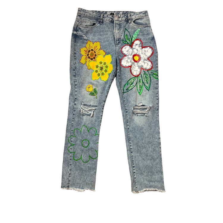 Woodstock artful denim floral on boyfriend denim Jean size 10