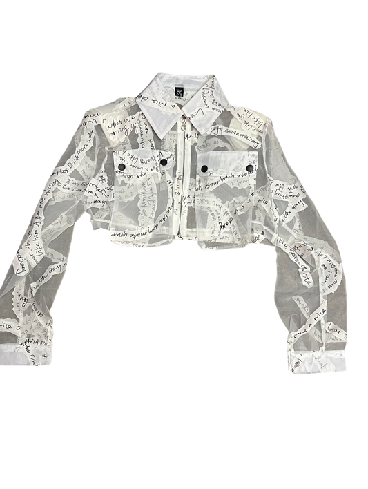 Madonna & Co white sheer graffiti long sleeve crop blouse