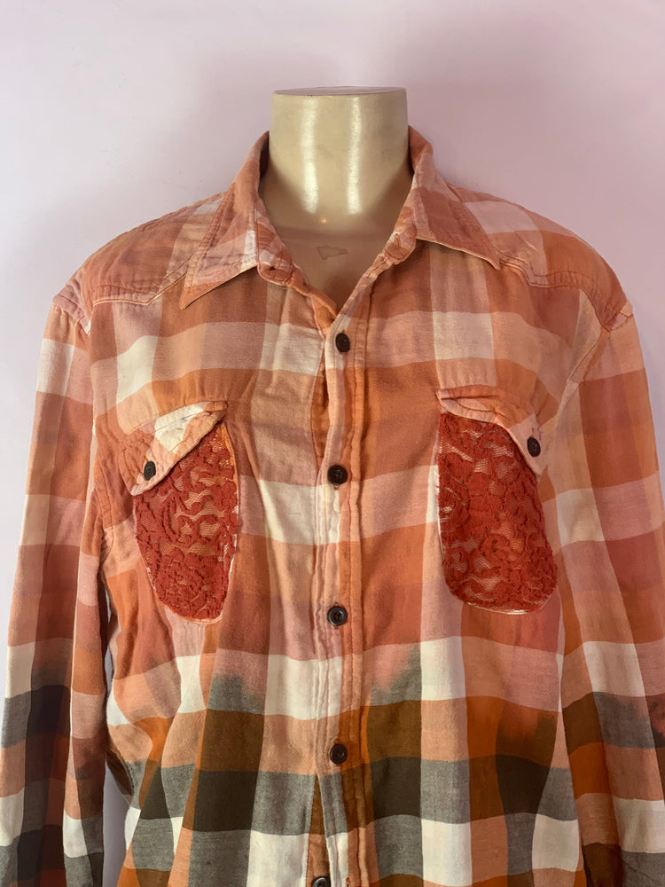 Orange Lace plaid flannel long sleeve button down shirt large