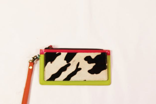 Folklore Couture Leather/Calfhair multi color zip top small wristlet