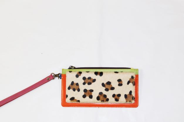 Folklore Couture Leather/Calfhair multi color zip top small wristlet