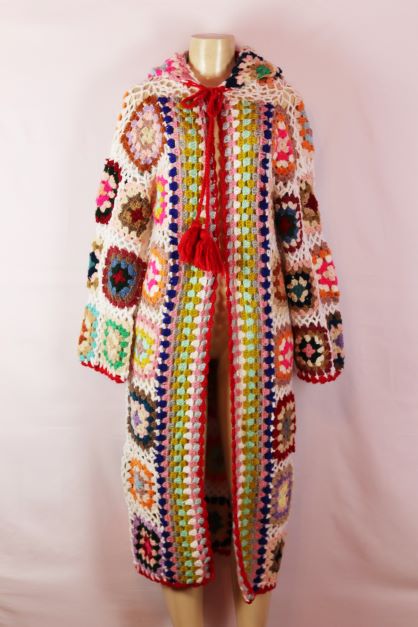 SAACHI Crochet Wool white multi-colored hooded long sleeve duster size one size