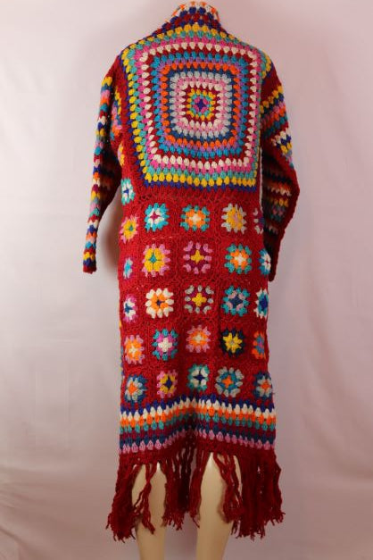 Crochet Red wool multi color long duster with fringe hem One Size