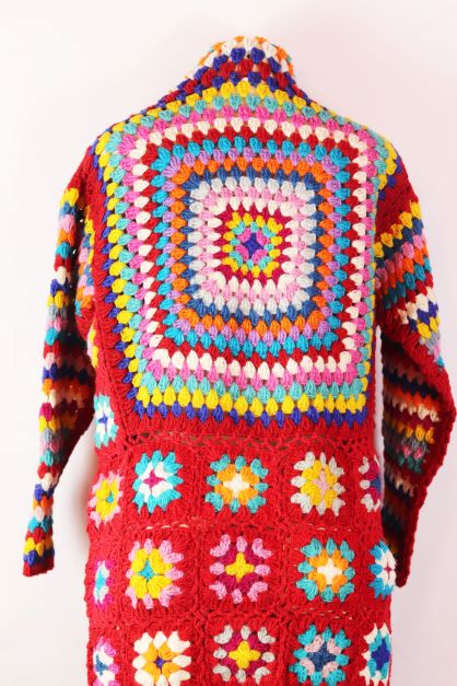Crochet Red wool multi color long duster with fringe hem One Size