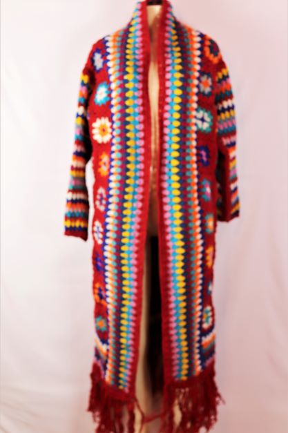 Crochet Red wool multi color long duster with fringe hem One Size