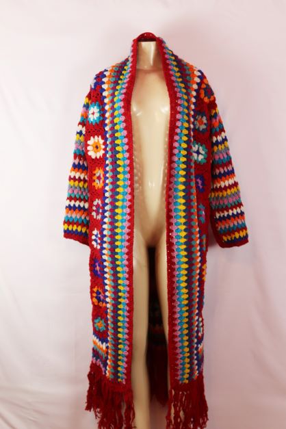 Crochet Red wool multi color long duster with fringe hem One Size