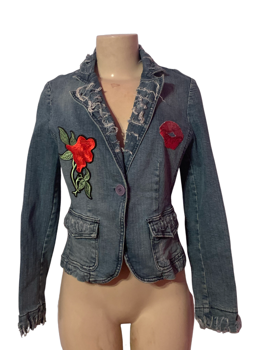 Distressed Single button denim rose jacket size small