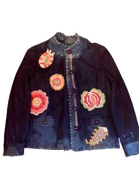 Eclectic Multi-color distressed button down denim jacket size Large