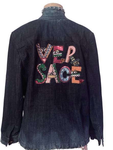 Eclectic Multi-color distressed button down denim jacket size Large