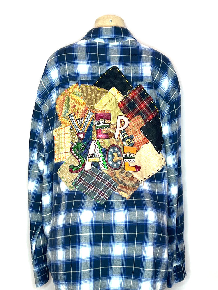 Boho blue plaid oversized patched customer shirt size 3X