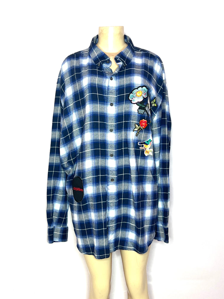 Boho blue plaid oversized patched customer shirt size 3X