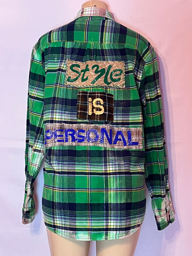 Womens green flannel dyed “Style is Personal “ shirt size XL