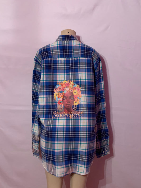 Womens Bright blue flannel dyed “Blacknificent” shirt large
