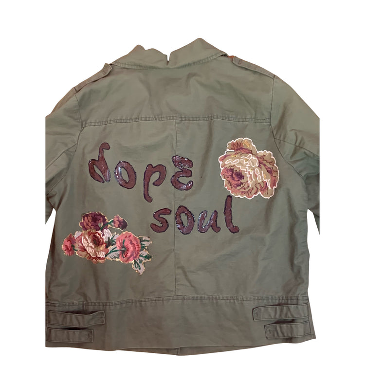 Unisex Army green splatter “dope soul” jacket size large