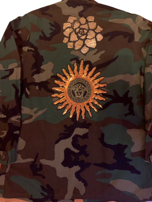 Gold Accent Design Camouflage Jacket Medium Long