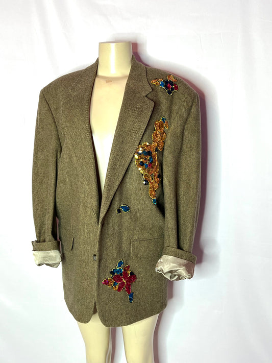 Brown Tweed "Lion in the Shine" two button camel hair blazer XLarge