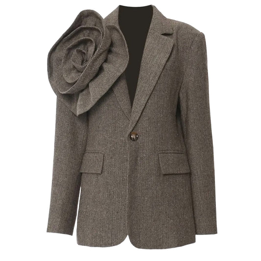 Madonna & Co Brown herringbone blazer w/flower accent