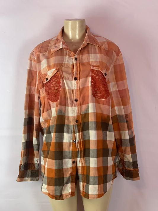 Orange Lace plaid flannel long sleeve button down shirt large