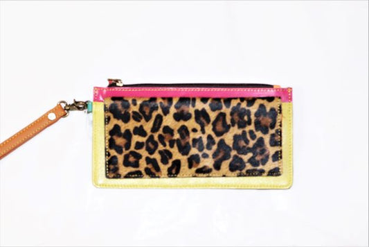 Folklore Couture Leather/Calfhair multi color zip top small wristlet