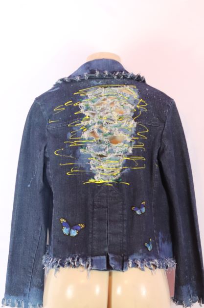 Distressed denim double breast jacket medium