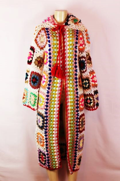 SAACHI Crochet Wool white multi-colored hooded long sleeve duster size one size