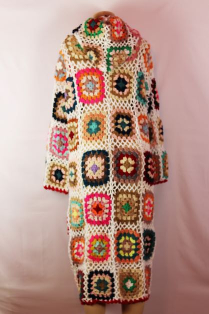 SAACHI Crochet Wool white multi-colored hooded long sleeve duster