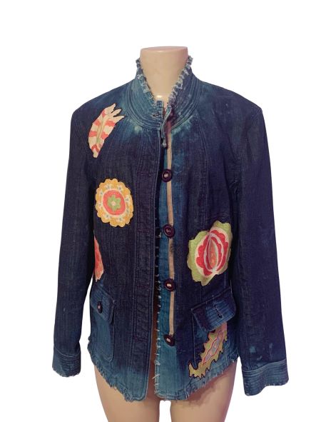 Eclectic Multi-color distressed button down denim jacket size Large