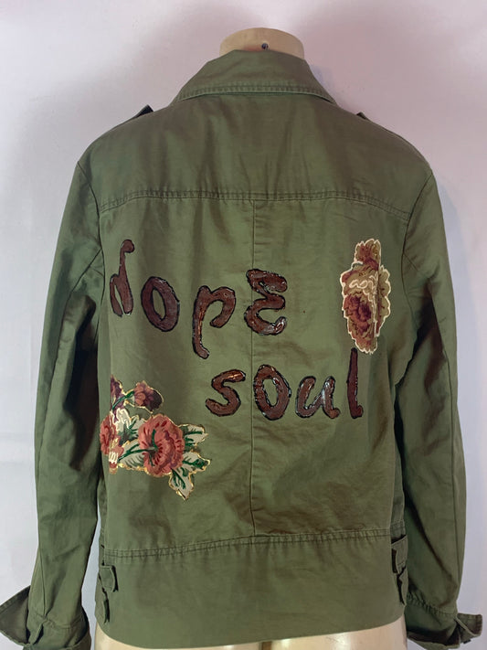 Unisex Army green splatter “dope soul” jacket size large