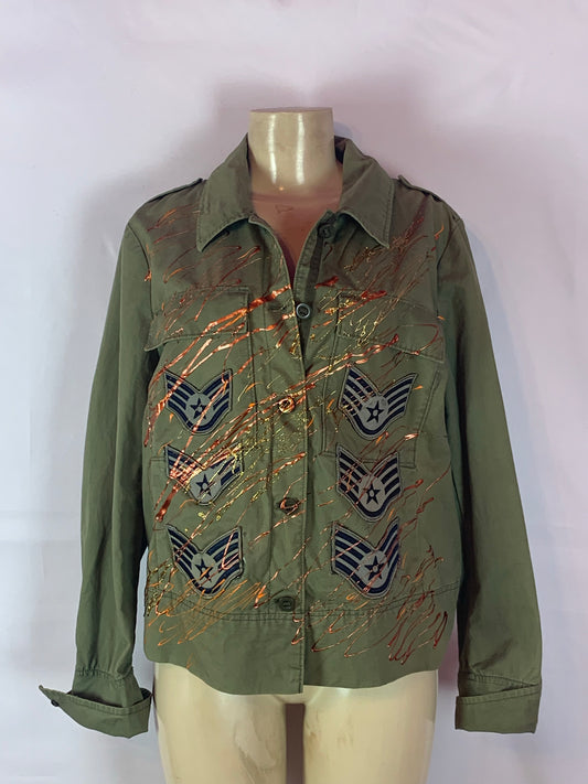 Unisex Army green splatter “dope soul” jacket size large