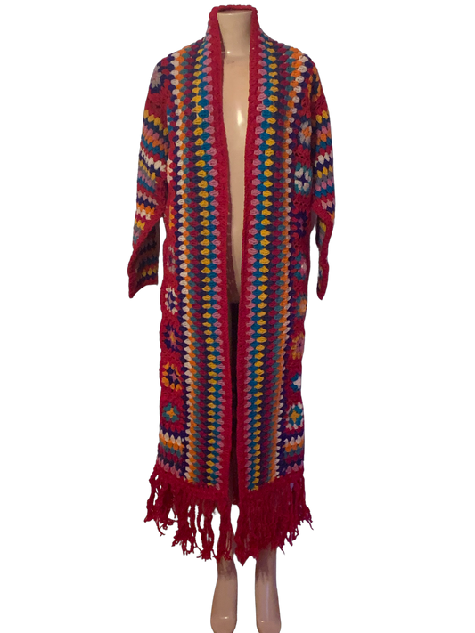 Crochet Red wool multi color long duster with fringe hem One Size